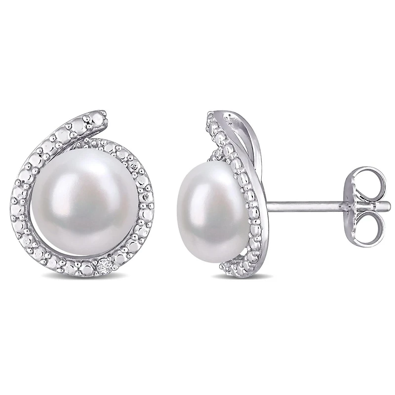 Clous d’oreilles à auréole Miabella avec perles d’eau douce cultivées et accents de diamants en argent sterling