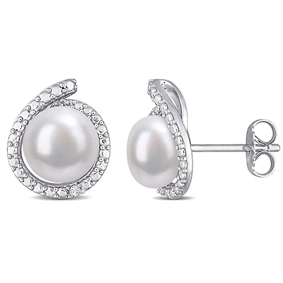 Clous d’oreilles à auréole Miabella avec perles d’eau douce cultivées et accents de diamants en argent sterling