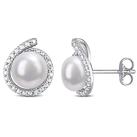 Clous d’oreilles à auréole Miabella avec perles d’eau douce cultivées et accents de diamants en argent sterling