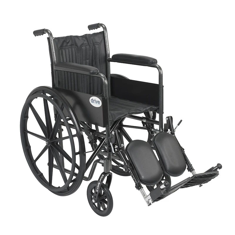 Drive Medical Black Silver Sport 2 Wheelchair, Non Removable Fixed Arms, Elevating Leg Rests, 18" Seat