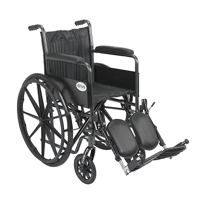 Drive Medical Black Silver Sport 2 Wheelchair, Non Removable Fixed Arms, Elevating Leg Rests, 18" Seat