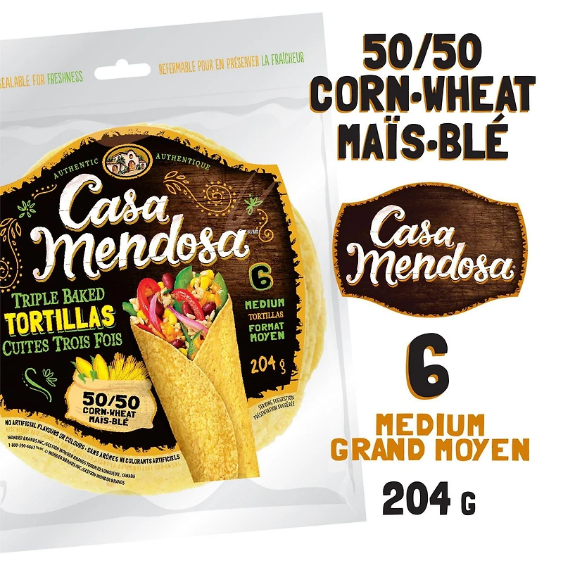 Casa Mendosa 7" Maïs-blé 50/50 6 tortillas format moyen, 204 g