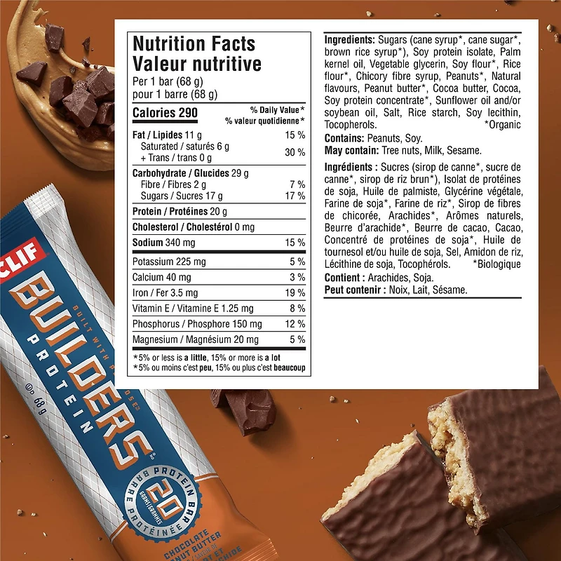 CLIF BUILDERS Protein Bars, Chocolate Peanut Butter Flavour, 20g of Protein, Prepared in Canada, Gluten Free, No Artificial Sweeteners, 68 g