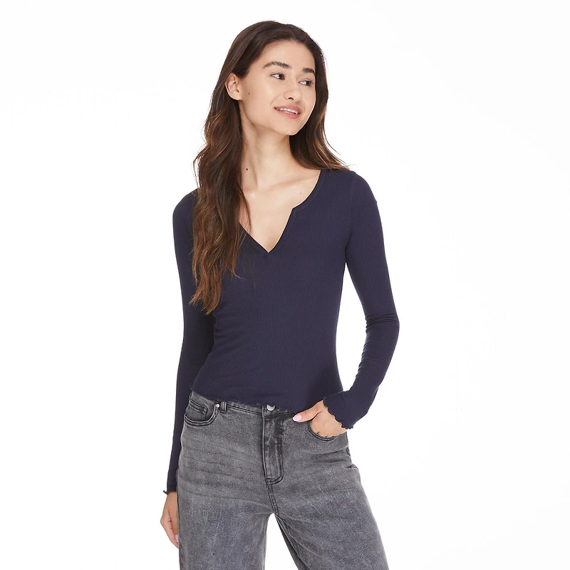 No Boundaries Women's Split Neckline Henley