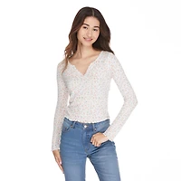 No Boundaries Women's Printed Split Neckline Henley