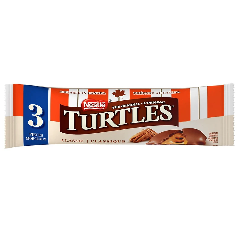 TURTLES Méga, barre de 3 morceaux, caramel onctueux et pacanes nappés de riche chocolat au lait, préparé au Canada, sans gluten, cacao de sources durables, bas de Noël, 50 g 50 g