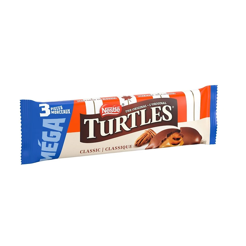 TURTLES Méga, barre de 3 morceaux, caramel onctueux et pacanes nappés de riche chocolat au lait, préparé au Canada, sans gluten, cacao de sources durables, bas de Noël, 50 g 50 g