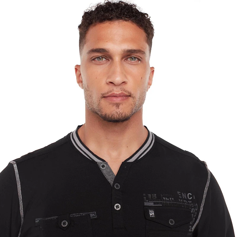 Dark Black Men's Long-Sleeve Henley T-Shirt with Pockets