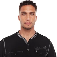 Dark Black Men's Long-Sleeve Henley T-Shirt with Pockets