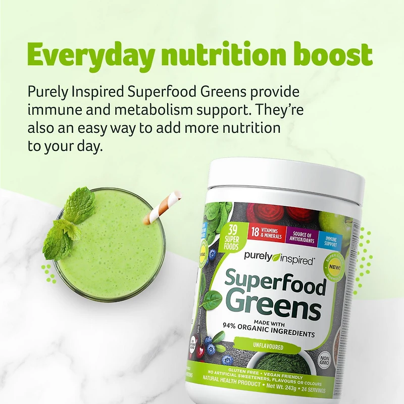 Purely Inspired Greens Powder Superfood | Super Greens Powder Organic | Fruit + Veggie Superfood Powder | Green Smoothie Powder, 24 Servings, 243 g, 24 Servings