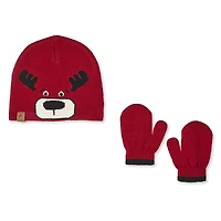 Ensemble 2 pièces unisexes avec tuque et mitaines au motif animalier Canadiana pour nourrissons