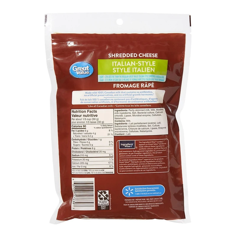 Great Value Light Italian-Style Shredded Cheese, 320 g