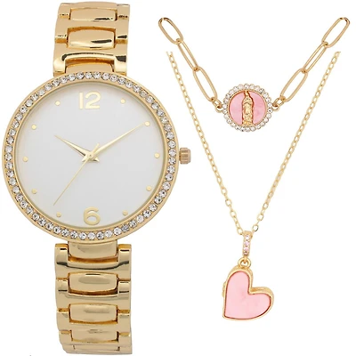 Ladies Fashion watch with pink mosiac heart necklace set