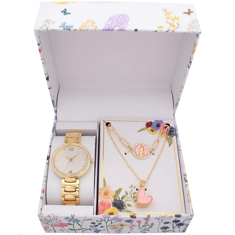 Montre de mode pour femme avec ensemble collier cœur mosaïque rose