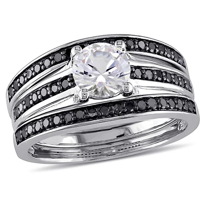 Ensemble nuptiale 3-bagues Miabella avec saphir blanc synthétique et diamant noir 1/2 CT poids total en argent sterling
