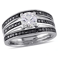 Ensemble nuptiale 3-bagues Miabella avec saphir blanc synthétique et diamant noir 1/2 CT poids total en argent sterling