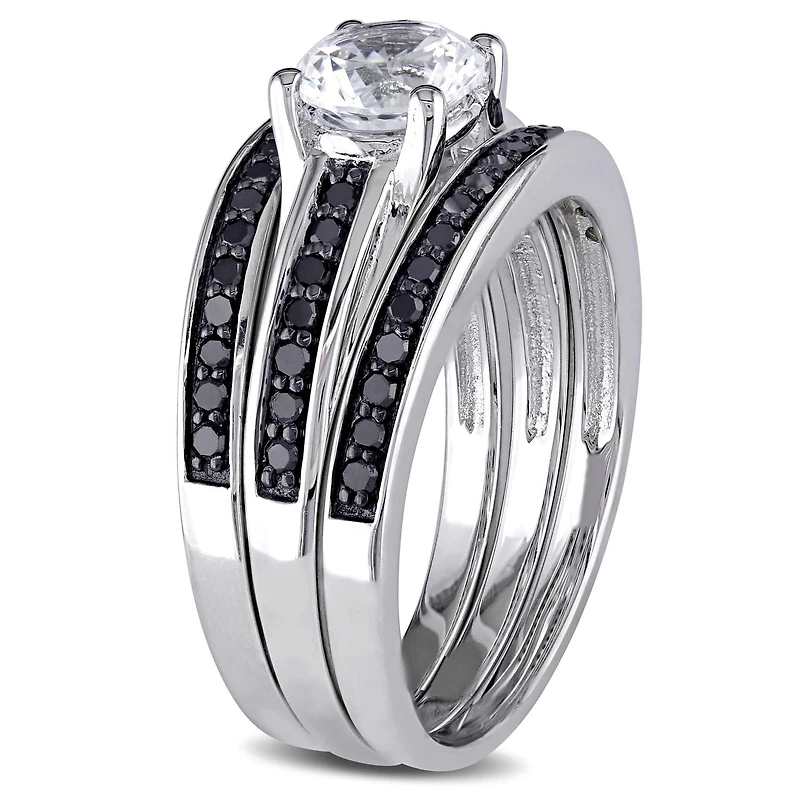 Miabella Created White Sapphire and 1/2 Carat T.W. Black Diamond Sterling Silver 3-Piece Bridal Set