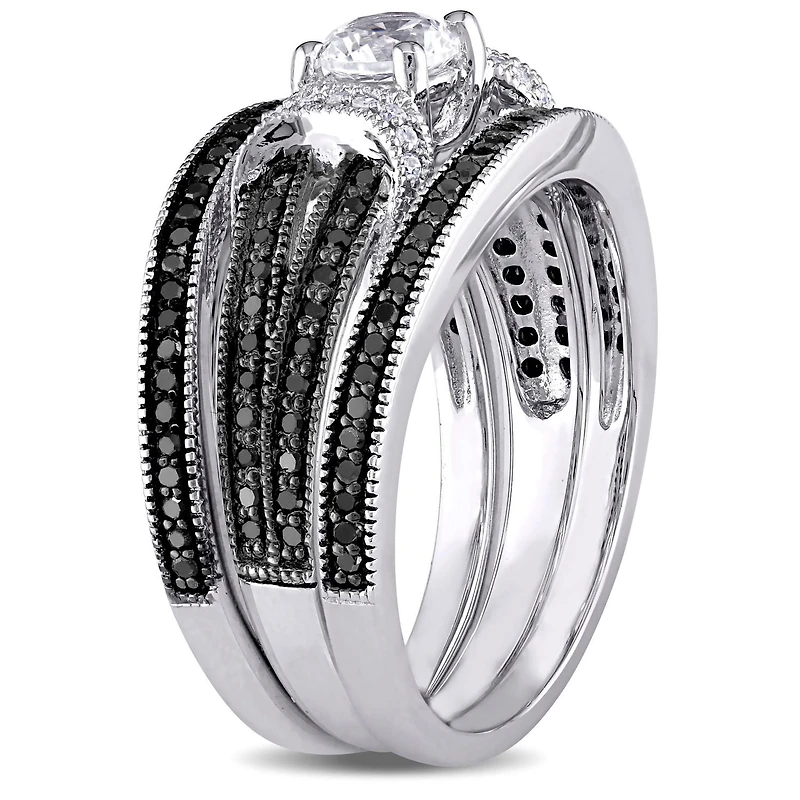 Ensemble nuptiale 3-bagues Miabella avec saphir blanc synthétique et diamant noir et blanc 1/2 CT poids total en argent sterling