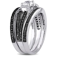 Ensemble nuptiale 3-bagues Miabella avec saphir blanc synthétique et diamant noir et blanc 1/2 CT poids total en argent sterling
