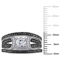 Ensemble nuptiale 3-bagues Miabella avec saphir blanc synthétique et diamant noir et blanc 1/2 CT poids total en argent sterling