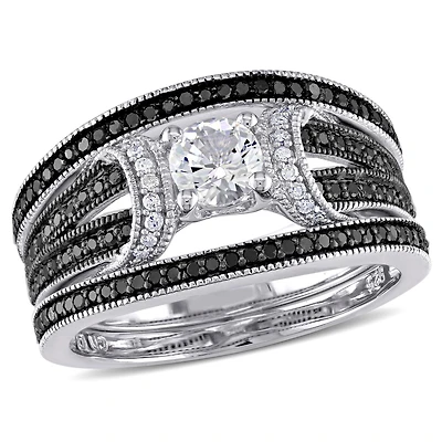 Ensemble nuptiale 3-bagues Miabella avec saphir blanc synthétique et diamant noir et blanc 1/2 CT poids total en argent sterling