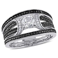 Ensemble nuptiale 3-bagues Miabella avec saphir blanc synthétique et diamant noir et blanc 1/2 CT poids total en argent sterling