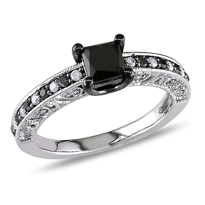 Asteria 1 Carat T.W. Black and White Diamond Sterling Silver Engagement Ring