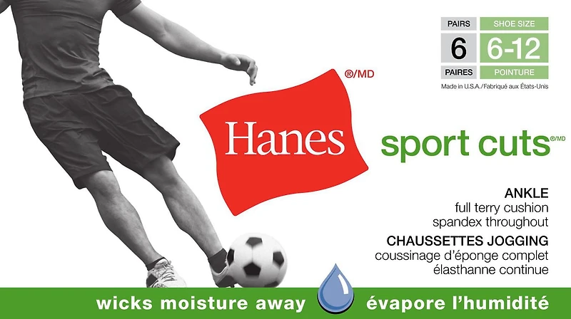 Hanes emballage de 6 Sport Cuts Chaussettes Jogging pour hommes Pointures 6 à 12