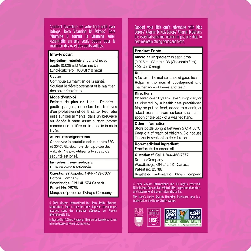 Supplément vitaminique de vitamine liquide D3 de Ddropsᴹᴰ pour enfants, 400 UI 1,7 ml, 60 gouttes