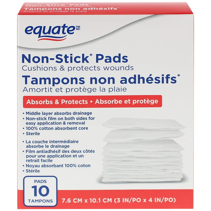 Tampons non adhésifs Equate, grands, 3 po x 4 po 7,6 cm x 10,1 cm/10 tampons