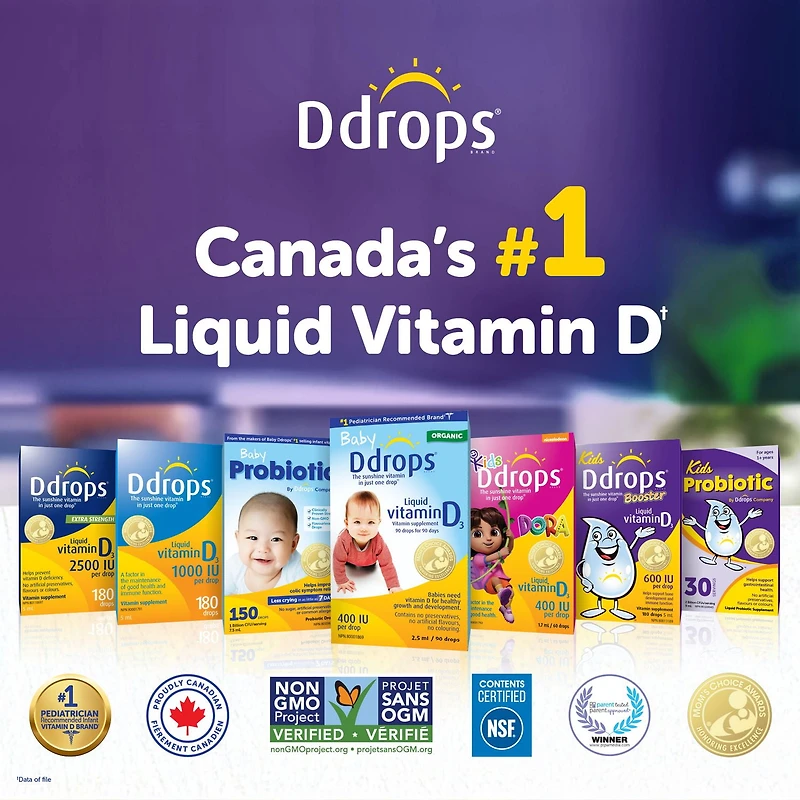 Supplément vitaminique de vitamine liquide D3 de Ddropsᴹᴰ pour enfants, 400 UI 1,7 ml, 60 gouttes