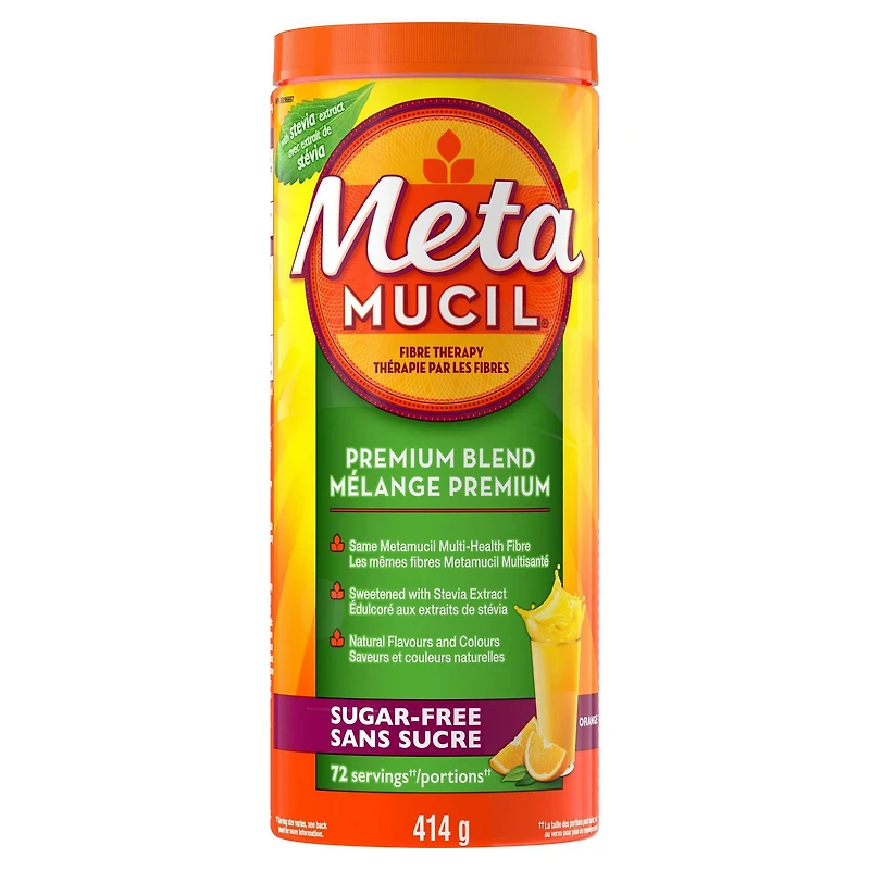 Metamucil Premium Blend, Psyllium Fibre Powder Supplement, Sugar-Free with Stevia, Natural Orange Flavor, 72 Servings (414 g)