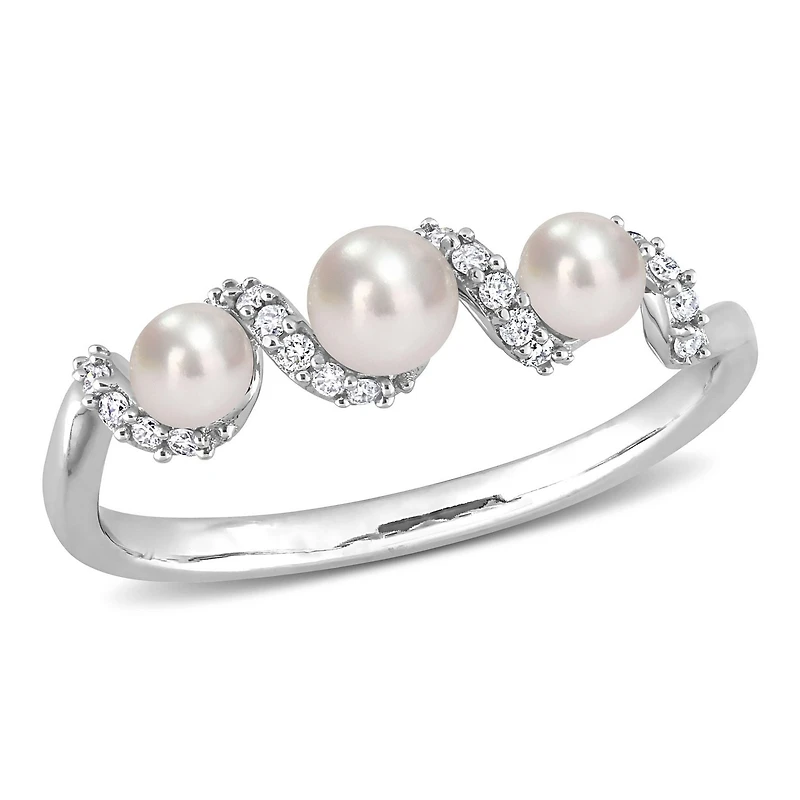 Bague rétro torsadée à 3-pierres Miabella avec perles d’eau douce cultivées et 1/10 Carat poids total de diamant en or blanc 14k
