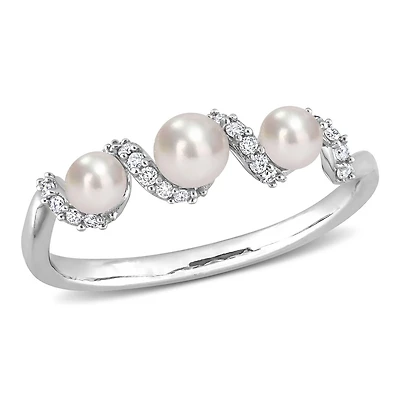 Miabella Cultured Freshwater Pearl and 1/10 Carat T.W. Diamond 14K White Gold 3-Stone Swirl Vintage Ring
