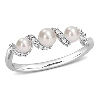 Bague rétro torsadée à 3-pierres Miabella avec perles d’eau douce cultivées et 1/10 Carat poids total de diamant en or blanc 14k