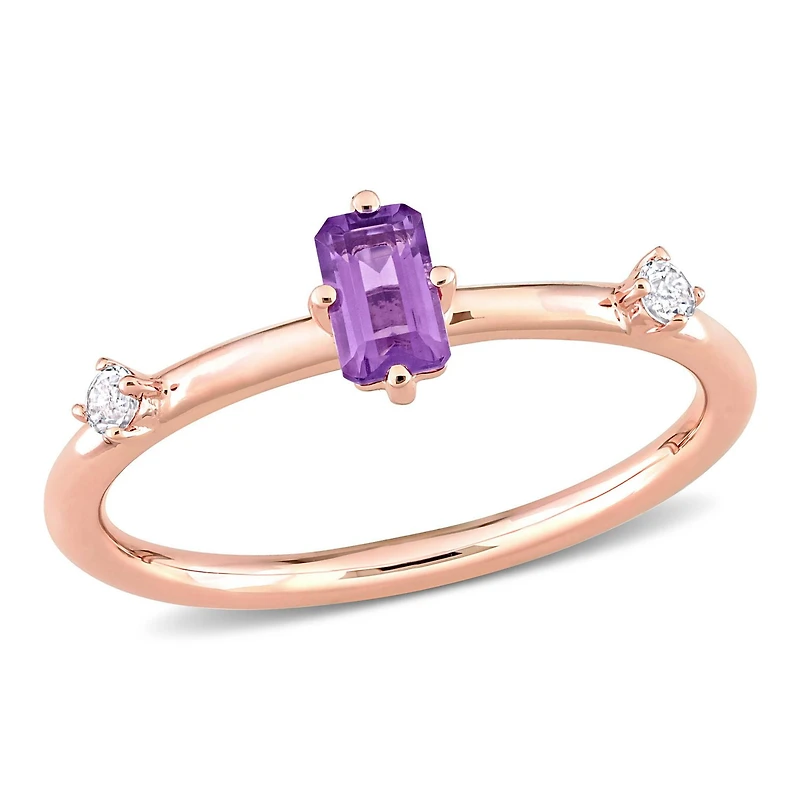 Bague à 3-pierres coupe émeraude Miabella avec 2/5 Carat PBT d’améthyste et topaze blanche en or rose 10k