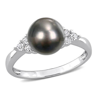 Bague Miabella avec perles Tahiti cultivées et 1/8 Carat poids total de diamant en argent sterling
