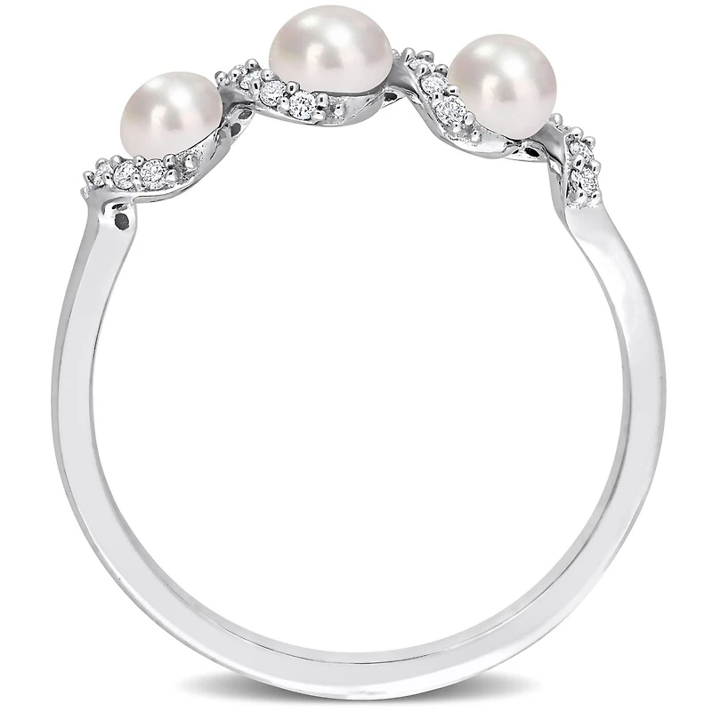 Bague rétro torsadée à 3-pierres Miabella avec perles d’eau douce cultivées et 1/10 Carat poids total de diamant en or blanc 14k