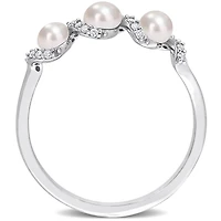 Bague rétro torsadée à 3-pierres Miabella avec perles d’eau douce cultivées et 1/10 Carat poids total de diamant en or blanc 14k