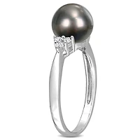Bague Miabella avec perles Tahiti cultivées et 1/8 Carat poids total de diamant en argent sterling