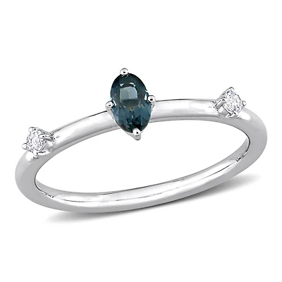 Miabella 3/8 Carat T.G.W. Blue Topaz and White Topaz 10K White Gold Oval 3-Stone Ring
