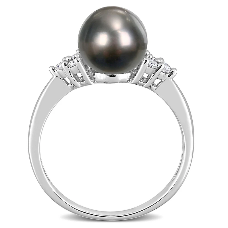 Bague Miabella avec perles Tahiti cultivées et 1/8 Carat poids total de diamant en argent sterling