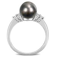 Bague Miabella avec perles Tahiti cultivées et 1/8 Carat poids total de diamant en argent sterling