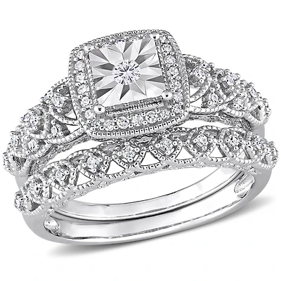 Ensemble de bague nuptiale carré à auréole Miabella avec 1/3 Carat poids total de diamant en argent sterling