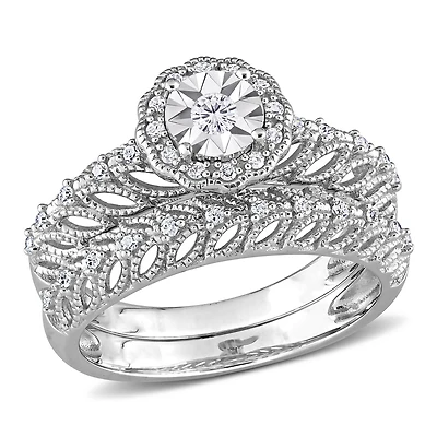 Ensemble de bague nuptiale à auréole Miabella avec 1/4 Carat poids total de diamant en argent sterling