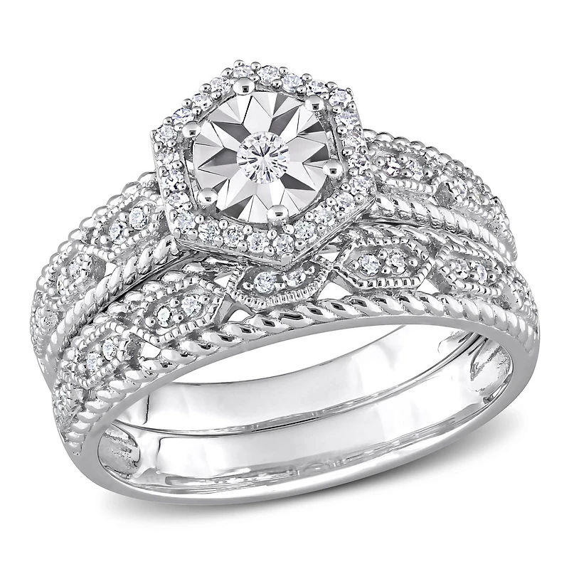 Ensemble de bague nuptiale à auréole Miabella avec 1/4 Carat poids total de diamant en argent sterling