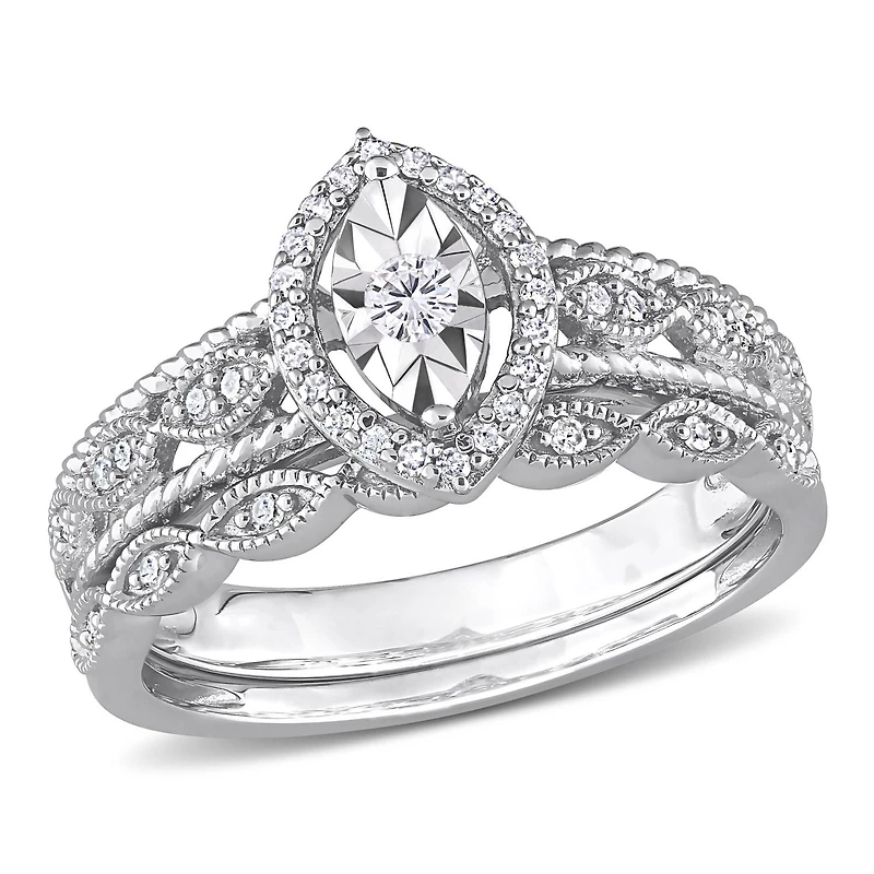 Ensemble de bague nuptiale marquise à auréole Miabella avec 1/5 Carat poids total de diamant en argent sterling