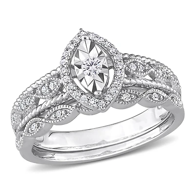 Ensemble de bague nuptiale marquise à auréole Miabella avec 1/5 Carat poids total de diamant en argent sterling