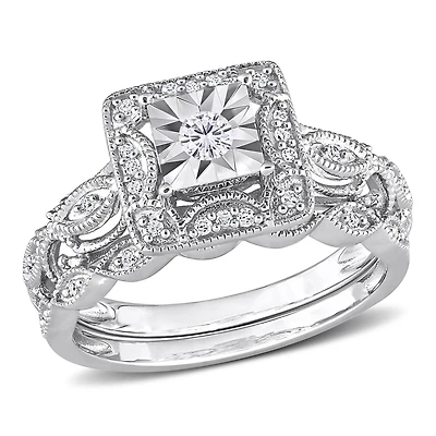Miabella 1/5 Carat T.W. Diamond Sterling Silver Square Halo Bridal Ring Set
