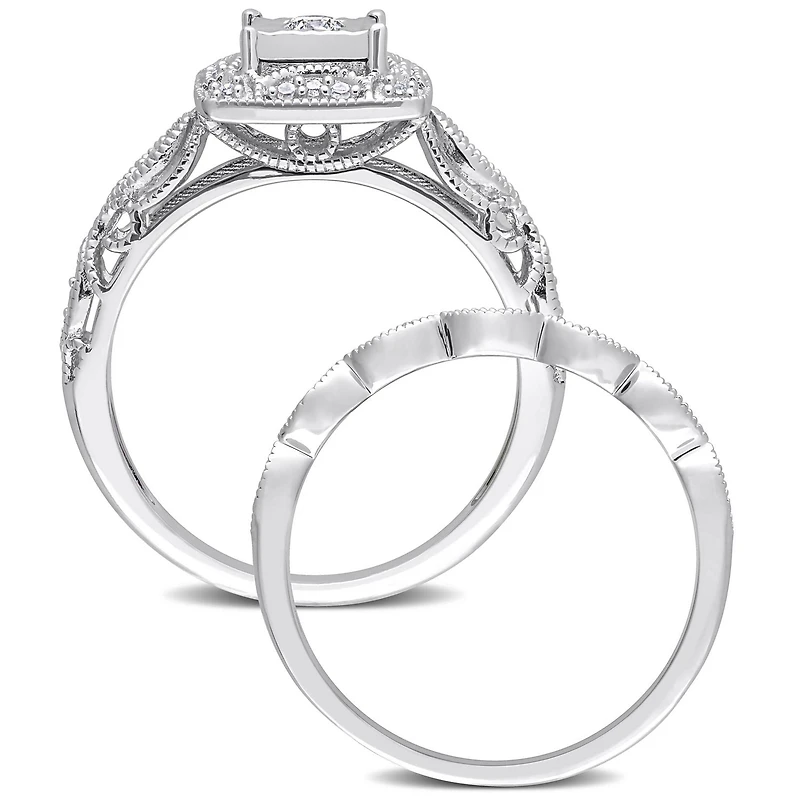 Ensemble de bague nuptiale carré à auréole Miabella avec 1/5 Carat poids total de diamant en argent sterling